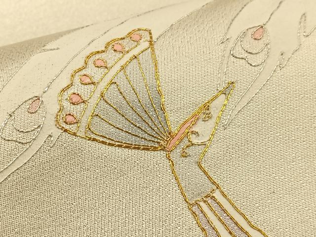 平和屋着物◎太鼓柄袋帯 駒刺繍 孔雀 金銀糸 引箔 正絹 逸品 BAAQ4310du