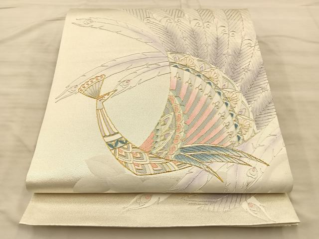 平和屋着物◎太鼓柄袋帯 駒刺繍 孔雀 金銀糸 引箔 正絹 逸品 BAAQ4310du