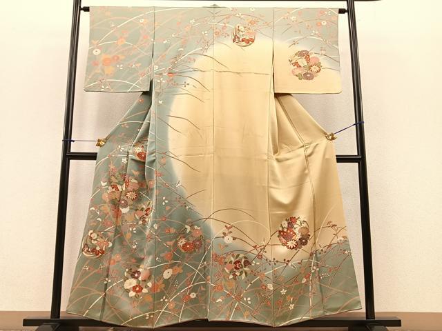 平和屋着物■訪問着 駒刺繍 花蝶丸文 暈し染め 金彩 正絹 逸品 BAAQ7378hv