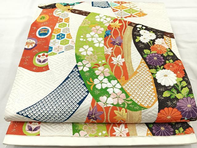 平和屋着物◎六通柄袋帯 唐織 几帳花文 金糸 正絹 逸品 BAAR2877cm