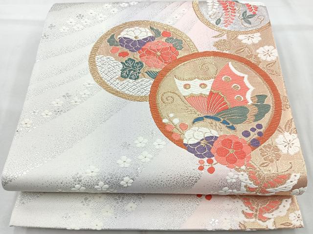 平和屋着物◎六通柄袋帯 唐織 花蝶丸文 金銀糸 正絹 逸品 BAAR2917cm