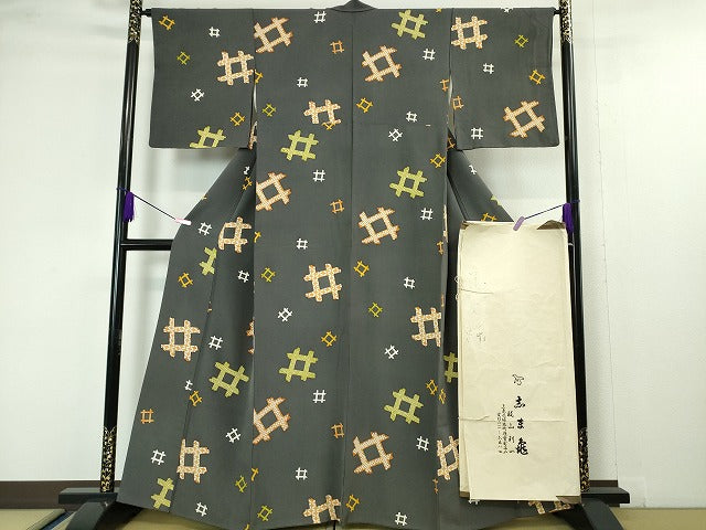 平和屋本店■極上 銀座 志ま亀 小紋 井桁文様 褐色地 たとう紙付き 逸品 DZAA4079kh5