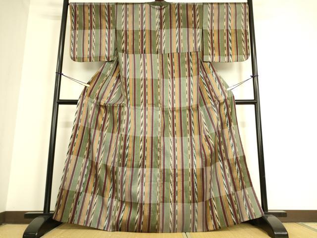 平和屋着物▽上質な紬 単衣 市松間道 銀糸 正絹 逸品 DAAQ3589az
