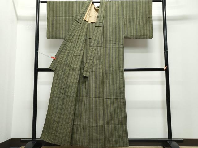 平和屋着物▽上質な紬 単衣 縞 正絹 逸品 CAAQ0047vf