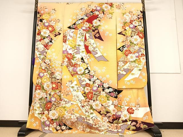 平和屋着物●豪華振袖 刺繍 御所車草花文 暈し染め 金彩 正絹 逸品 AAAQ0761np
