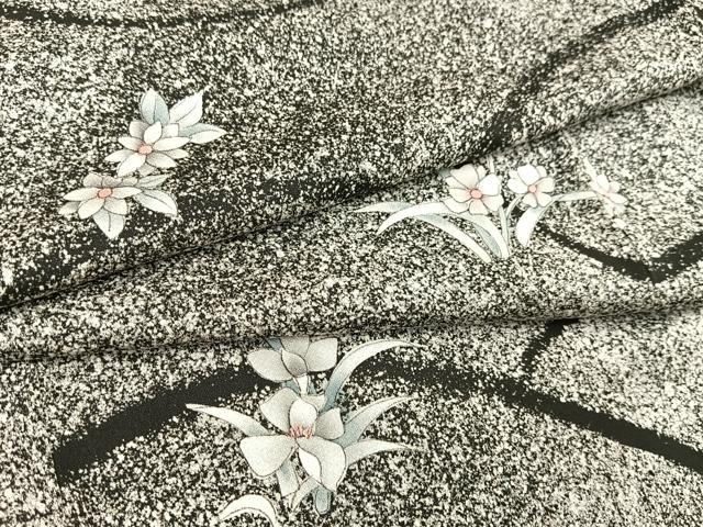 平和屋着物▽上質な小紋 単衣 舞花文 たたき染め 黒地 正絹 逸品 BAAS7852yc