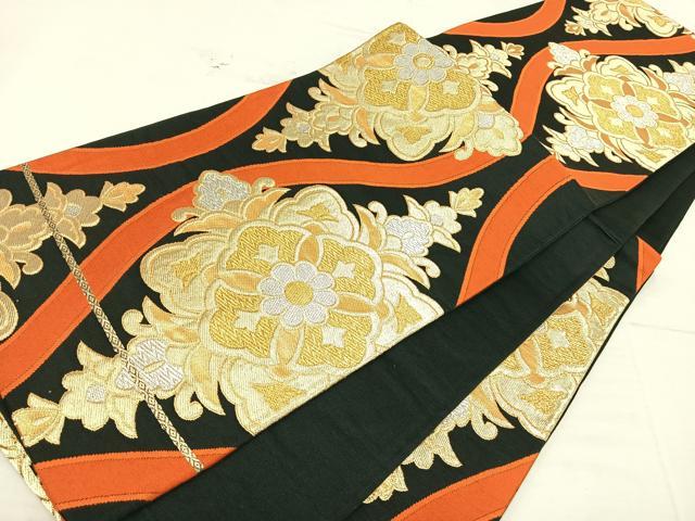 平和屋着物◎六通柄袋帯 立涌正倉院花文 黒地 金銀糸 正絹 逸品 AAAT6165yx