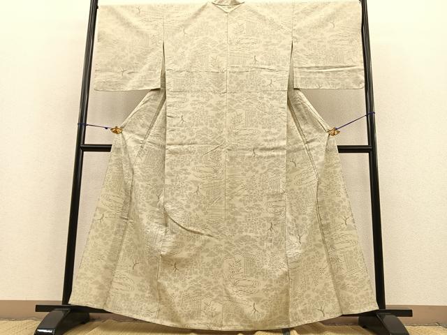 平和屋着物▽上質な紬 単衣 80亀甲 風景文 正絹 逸品 BAAS8328hv