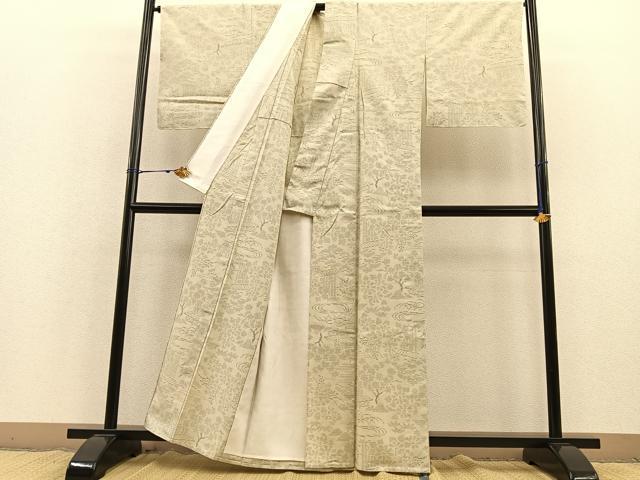 平和屋着物▽上質な紬 単衣 80亀甲 風景文 正絹 逸品 BAAS8328hv