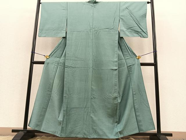 平和屋着物▽上質な紬 単衣 色無地 山葵色 正絹 逸品 BAAS8356hv