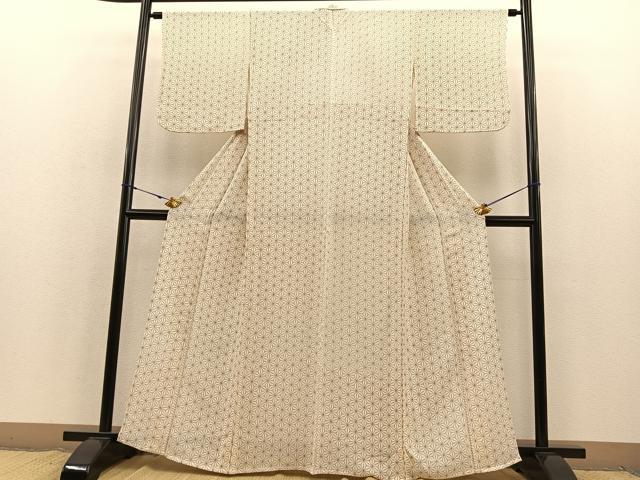 平和屋着物▽上質な小紋 単衣 麻の葉文様 鬼しぼ縮緬 正絹 逸品 BAAS8342hv