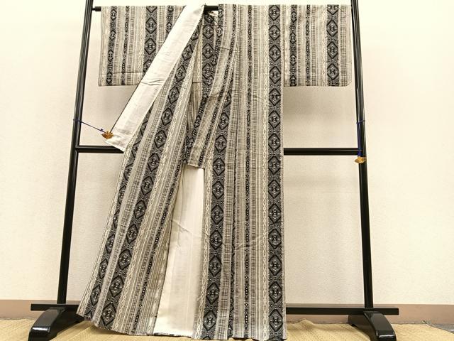 平和屋着物▽上質な紬 単衣 菱間道 正絹 逸品 BAAS8383hv