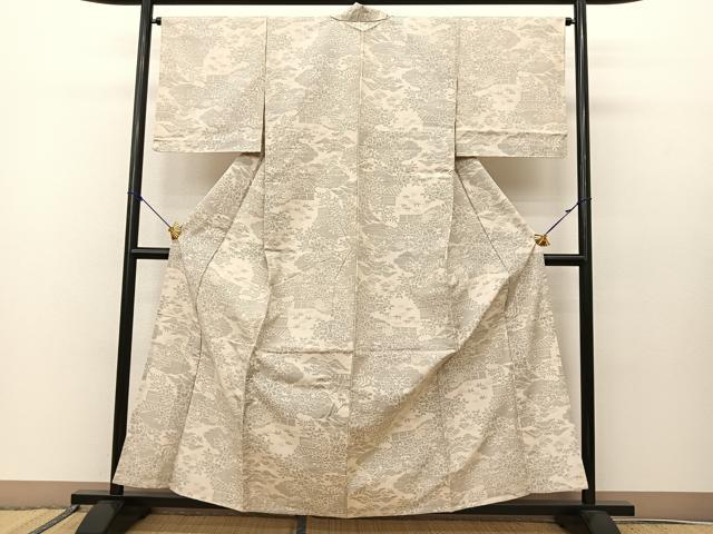 平和屋着物▽上質な紬 単衣 雲取り風景花文 正絹 逸品 BAAS8012yc