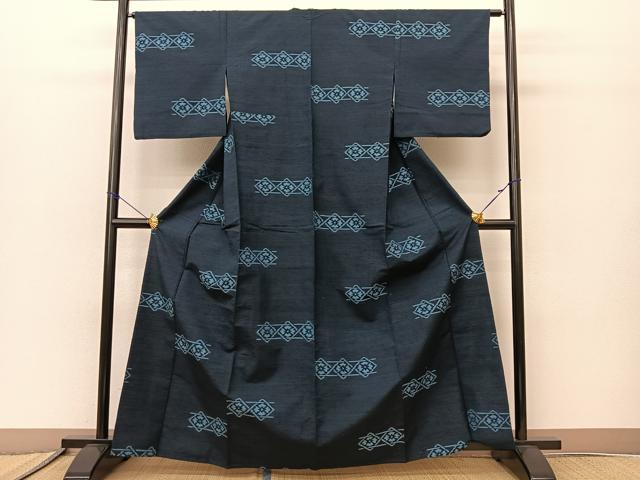 平和屋着物▽上質な紬 単衣 横段花菱文 正絹 逸品 BAAS8016yc