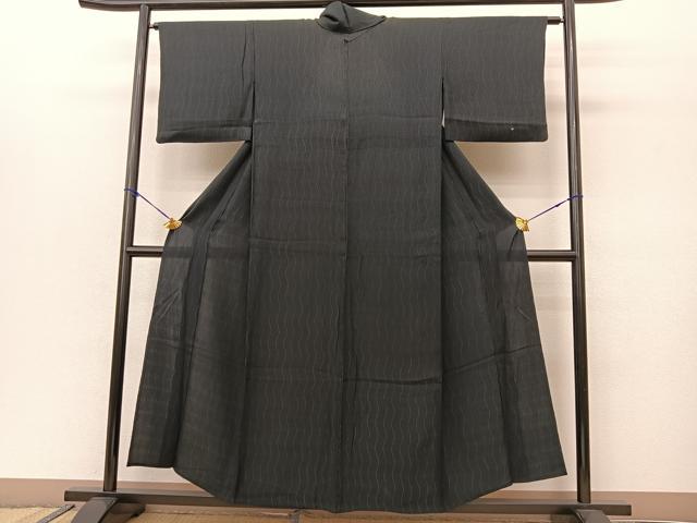 平和屋着物▽上質な小紋 単衣 よろけ縞 黒地 正絹 逸品 BAAS8033yc