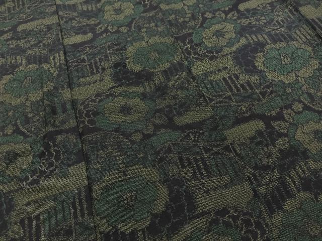 平和屋着物▽上質な紬 単衣 風景花文 黒地 正絹 逸品 BAAS8025yc