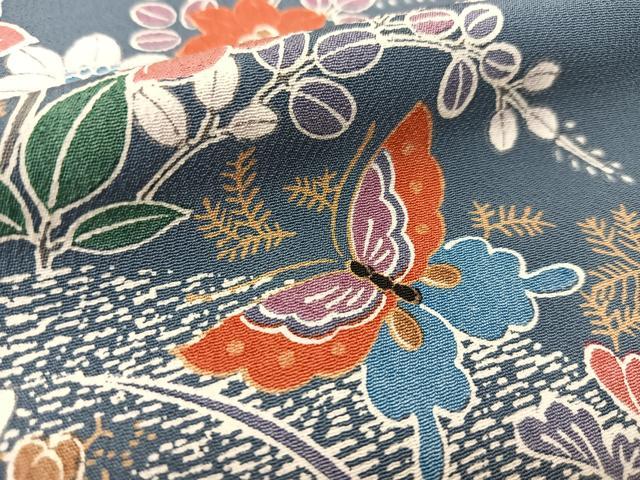 平和屋着物▽上質な小紋 単衣 花車花蝶文 正絹 逸品 未使用 BAAS8047yc
