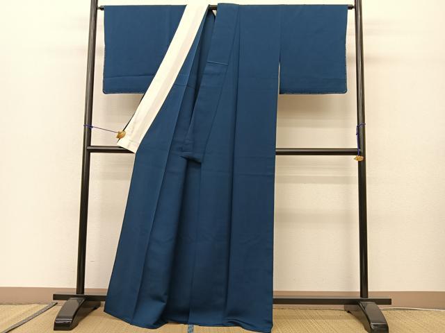 平和屋着物▽上質な色無地 単衣 青藍色 鬼しぼ縮緬 正絹 逸品 未使用 BAAS8053yc