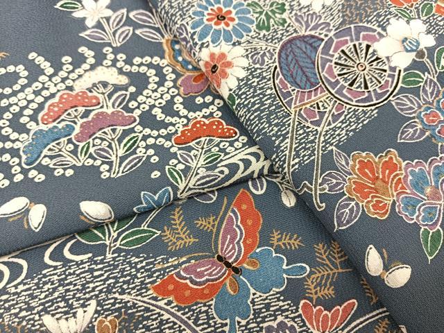 平和屋着物▽上質な小紋 単衣 花車花蝶文 正絹 逸品 未使用 BAAS8047yc