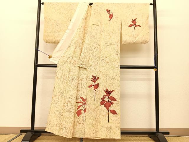 平和屋着物▽訪問着 単衣 枝葉文 正絹 逸品 BAAS8065yc