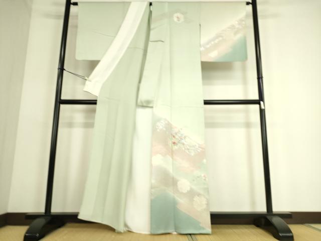 平和屋着物▽訪問着 単衣 刺繍 雪輪花文 銀彩 正絹 逸品 DAAS0070az