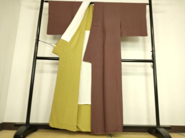 平和屋着物▽上質な色無地 単衣 縞地紋 小豆色 正絹 逸品 DAAS0173az