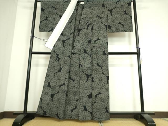 平和屋着物▽本塩沢 単衣 菊尽くし 黒地 正絹 逸品 DAAS0143az