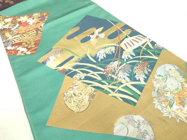 平和屋着物●世界的人形師 辻村寿三郎 ジュサブロー 全通柄袋帯 色紙花鳥文 金糸 正絹 逸品 DAAR8913fe