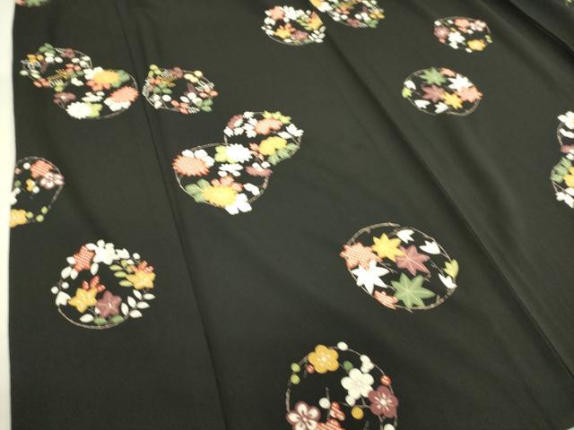 平和屋着物▽上質な小紋 単衣 吉祥花丸文 黒地 正絹 逸品 DAAS0204az