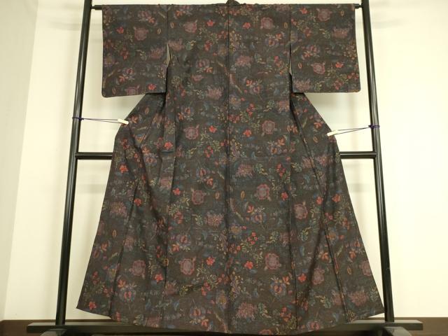 平和屋着物▽小千谷紬 単衣 更紗花文 正絹 逸品 未使用 DAAS0213az