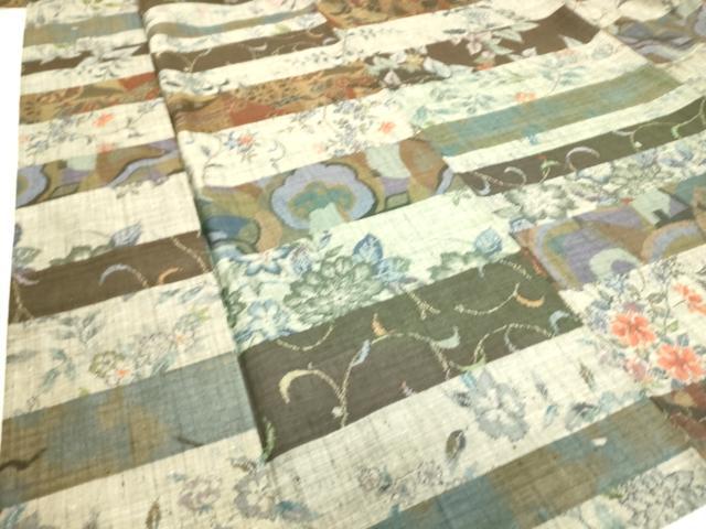 平和屋着物▽小千谷紬 単衣 横段花文 正絹 逸品 DAAS0238az