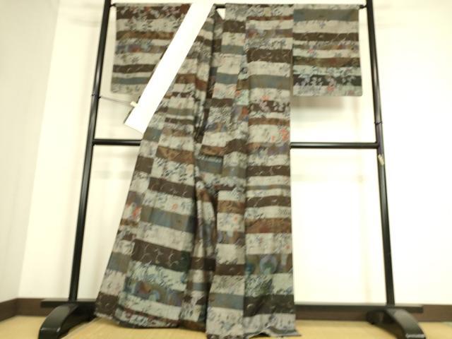 平和屋着物▽小千谷紬 単衣 横段花文 正絹 逸品 DAAS0238az