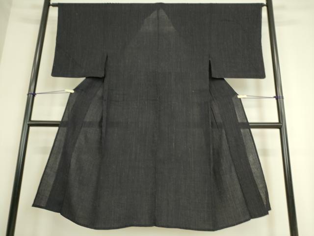 平和屋着物▽男性 紬 単衣 縮織 縞 黒地 正絹 逸品 DAAS0245az