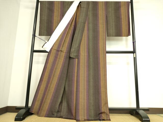 平和屋着物▽上質な紬 単衣 縞 正絹 逸品 DAAS0283az