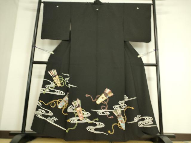 平和屋着物▽豪華黒留袖 単衣 駒刺繍 友禅 矢羽流水文 金彩 正絹 逸品 DAAS0281az