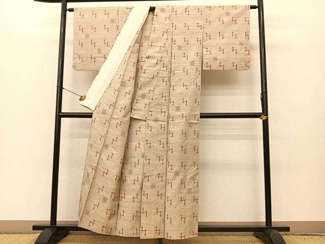 平和屋着物▽上質な紬 単衣 幾何学文様 正絹 逸品 BAAS8191yc