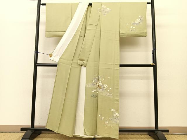 平和屋着物▽訪問着 単衣 刺繍 草花文 金彩 正絹 逸品 BAAS8184yc