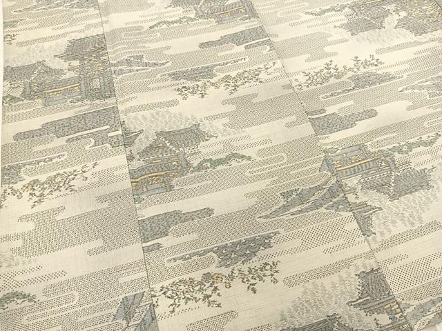 平和屋着物▽上質な紬 単衣 100亀甲 ヱ霞風景花文 正絹 逸品 BAAS8199yc
