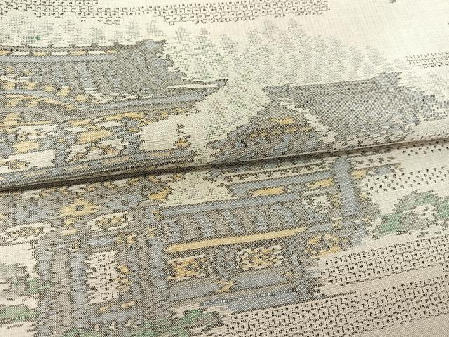 平和屋着物▽上質な紬 単衣 100亀甲 ヱ霞風景花文 正絹 逸品 BAAS8199yc