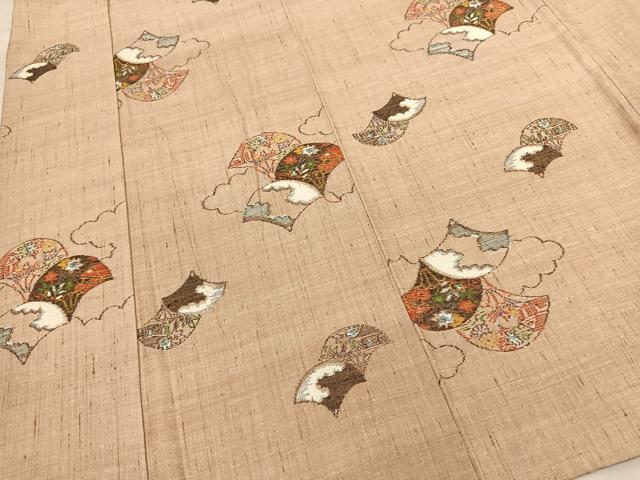 平和屋着物▽上質な紬 単衣 扇面風景花文 正絹 逸品 未使用 BAAT0614yc