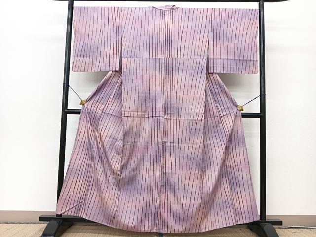平和屋着物▽上質な小紋 単衣 紬地 変わり縞 暈し染め 正絹 逸品 BAAT0611yc
