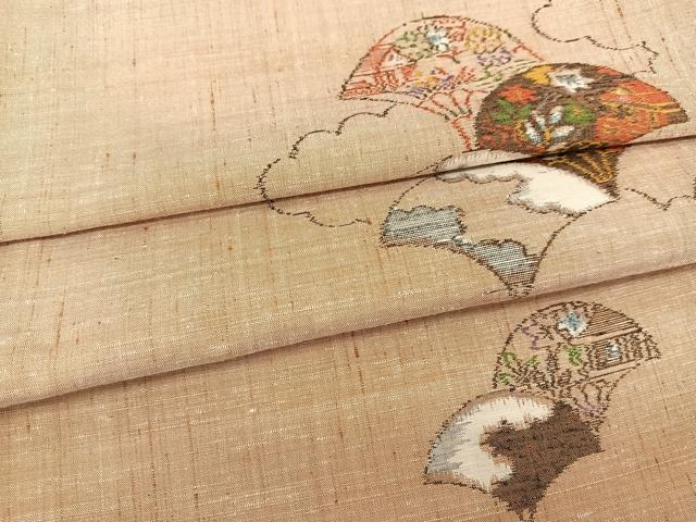 平和屋着物▽上質な紬 単衣 扇面風景花文 正絹 逸品 未使用 BAAT0614yc
