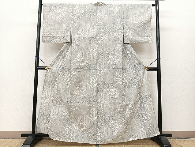 平和屋着物▽お召 単衣 切り嵌め草花文 洗える着物 BAAS8181yc
