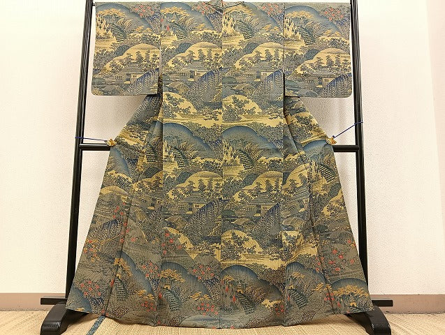 平和屋着物▽上質な小紋 単衣 風景文 正絹 逸品 BAAT0404yt