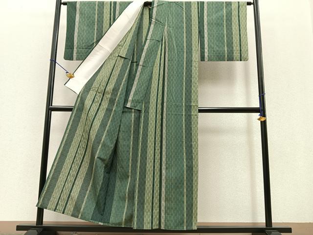 平和屋着物▽上質な紬 単衣 櫛引織 変わり縞 正絹 逸品 BAAT0408yt