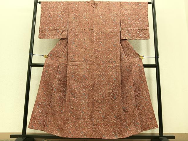 平和屋着物▽上質な小紋 単衣 更紗花唐草文 暈し染め 正絹 逸品 BAAT0434yt