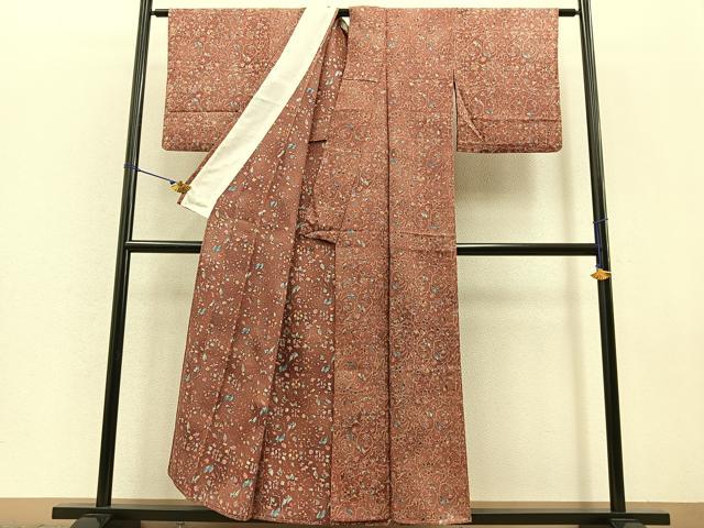 平和屋着物▽上質な小紋 単衣 更紗花唐草文 暈し染め 正絹 逸品 BAAT0434yt