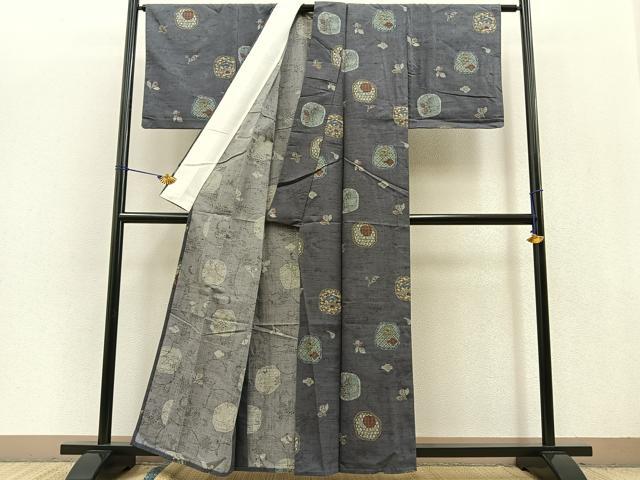 平和屋着物▽上質な紬 単衣 魚介と成物 正絹 逸品 BAAT0439yt