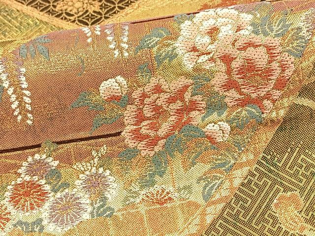 平和屋着物◎六通柄袋帯 唐織 草花絵巻 金糸 正絹 逸品 BAAT0468yt