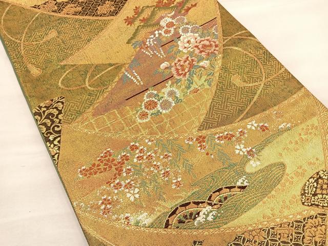 平和屋着物◎六通柄袋帯 唐織 草花絵巻 金糸 正絹 逸品 BAAT0468yt